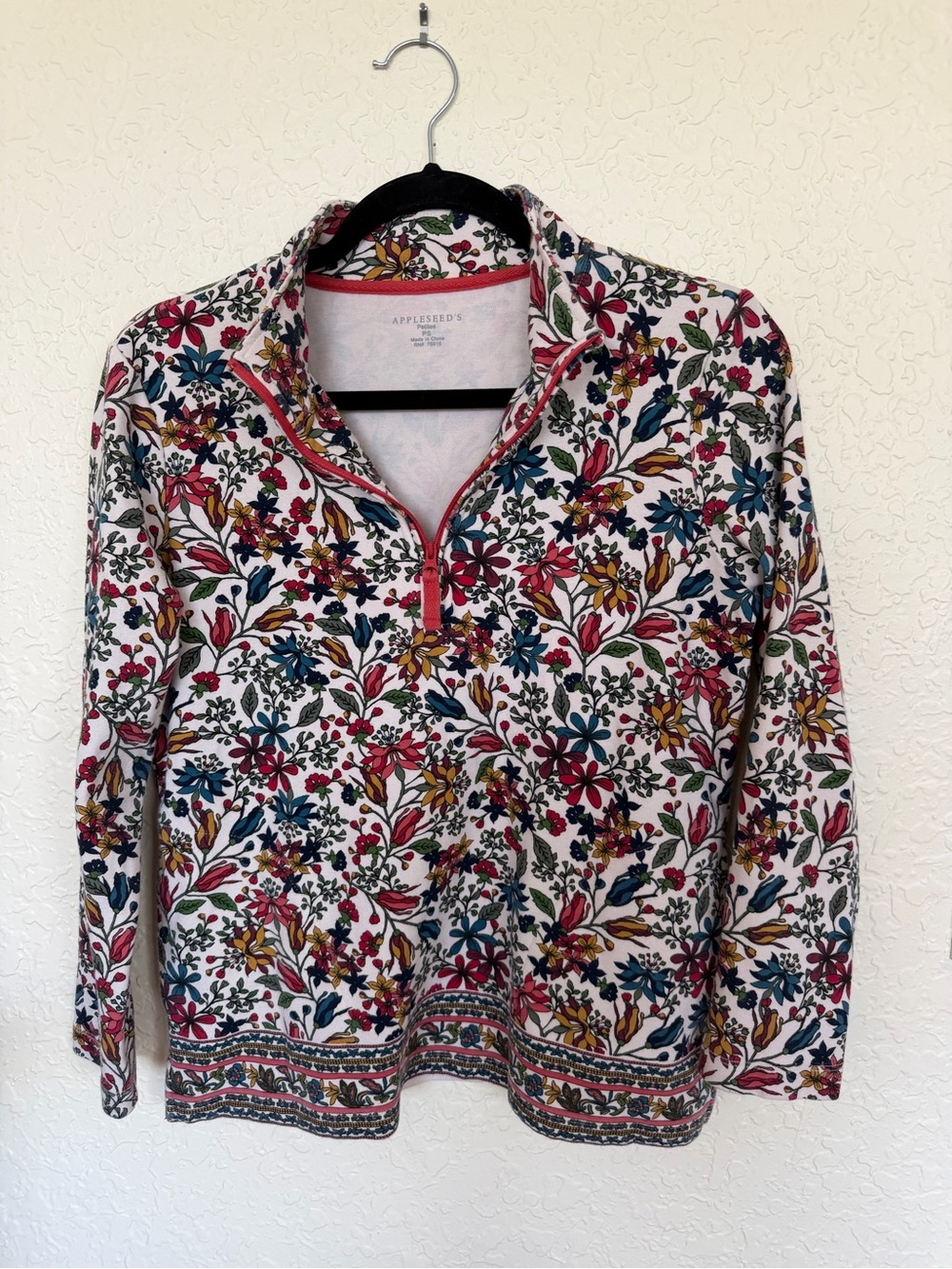 Appleseed’s Petites Floral Border Print Quarter Zip Top PS Cotton Cottagecore